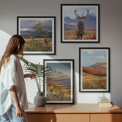 Multi-piece wall decor set featuring mountain landscapes with deer and grass