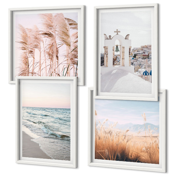 Wall art set Plants, sea waves, view, houses