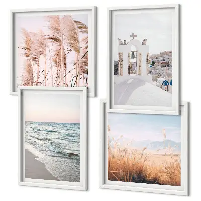 Wall art set featuring plants, sea waves, a scenic view, and houses