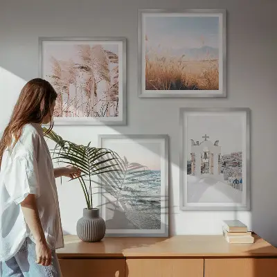Wall art set featuring plants, sea waves, a scenic view, and houses