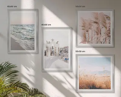 Wall art set featuring plants, sea waves, a scenic view, and houses