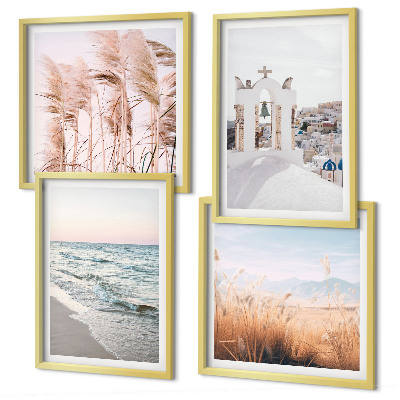 Wall art set Plants, sea waves, view, houses