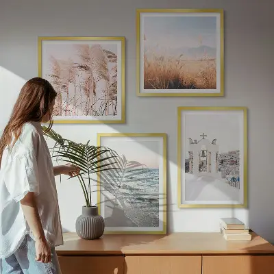 Wall art set featuring plants, sea waves, a scenic view, and houses