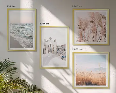 Wall art set featuring plants, sea waves, a scenic view, and houses