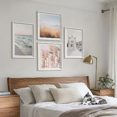 Wall art set featuring plants, sea waves, a scenic view, and houses