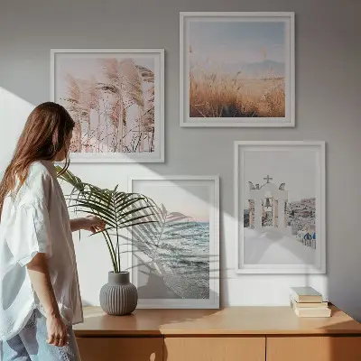 Wall art set featuring plants, sea waves, a scenic view, and houses
