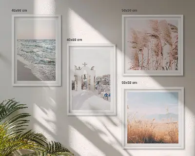 Wall art set featuring plants, sea waves, a scenic view, and houses