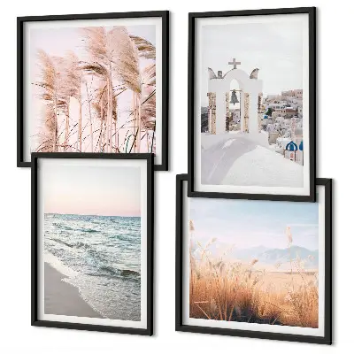 Wall art set featuring plants, sea waves, a scenic view, and houses