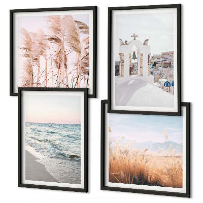 Wall art set Plants, sea waves, view, houses