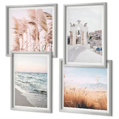 Wall art set featuring plants, sea waves, a scenic view, and houses