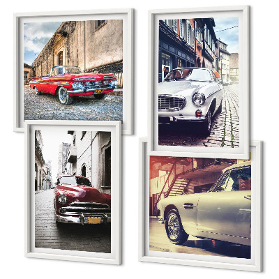 Set of 4 wall art pieces Classic cars in cities