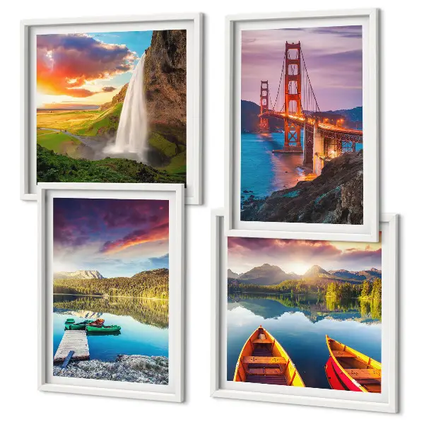 Set of 4 wall art pieces featuring mountain lakes, boats, and bridges