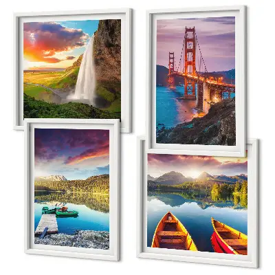 Set of 4 wall art pieces featuring mountain lakes, boats, and bridges
