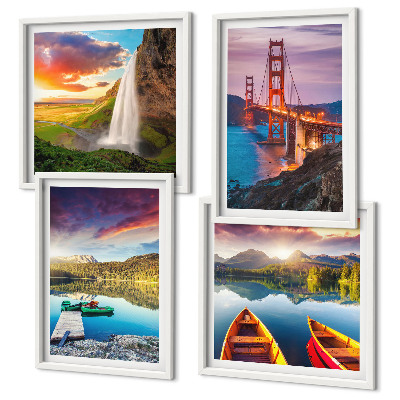 Set of 4 wall art pieces Mountain lakes boats bridges
