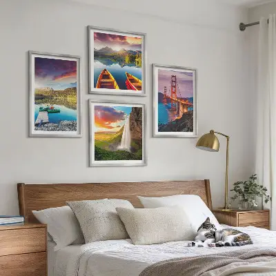 Set of 4 wall art pieces featuring mountain lakes, boats, and bridges