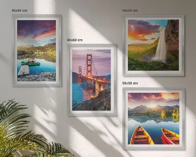 Set of 4 wall art pieces featuring mountain lakes, boats, and bridges