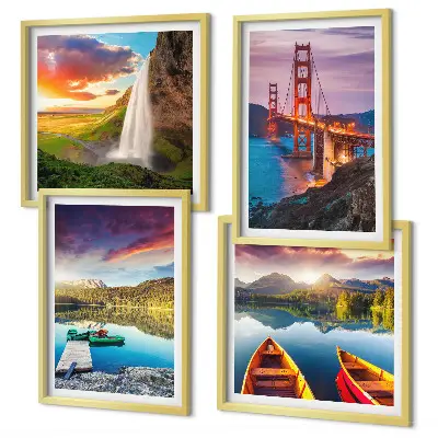 Set of 4 wall art pieces featuring mountain lakes, boats, and bridges