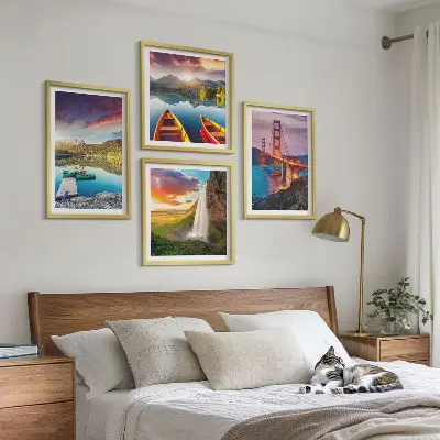 Set of 4 wall art pieces featuring mountain lakes, boats, and bridges