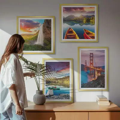 Set of 4 wall art pieces featuring mountain lakes, boats, and bridges