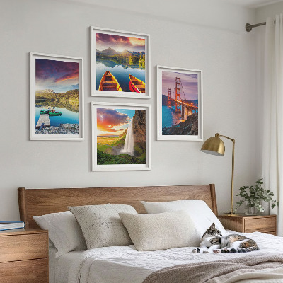 Set of 4 wall art pieces Mountain lakes boats bridges
