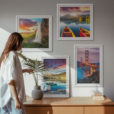 Set of 4 wall art pieces Mountain lakes boats bridges