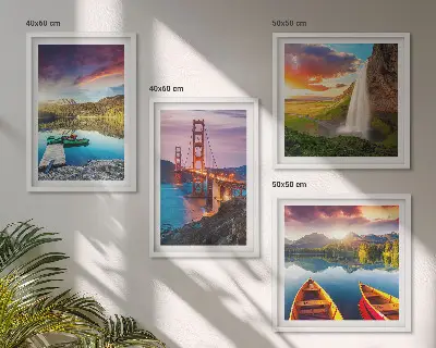 Set of 4 wall art pieces featuring mountain lakes, boats, and bridges