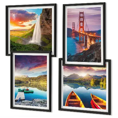 Set of 4 wall art pieces featuring mountain lakes, boats, and bridges
