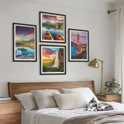 Set of 4 wall art pieces featuring mountain lakes, boats, and bridges