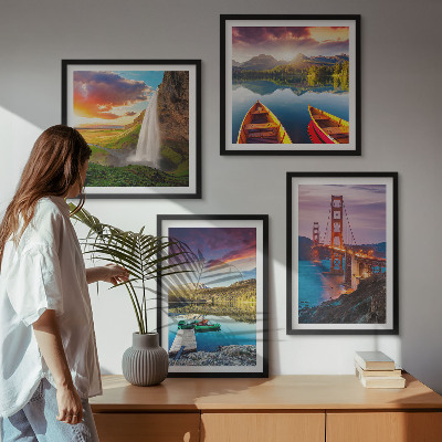 Set of 4 wall art pieces Mountain lakes boats bridges