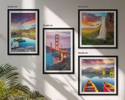 Set of 4 wall art pieces featuring mountain lakes, boats, and bridges