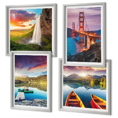 Set of 4 wall art pieces featuring mountain lakes, boats, and bridges