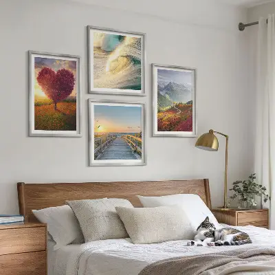 Multi-piece landscape wall decor set featuring mountains waves trees a heart and a pier