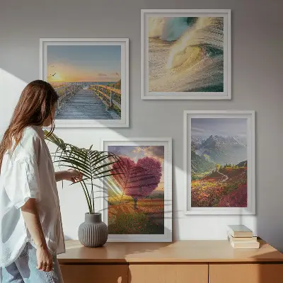 Multi-piece landscape wall decor set featuring mountains waves trees a heart and a pier