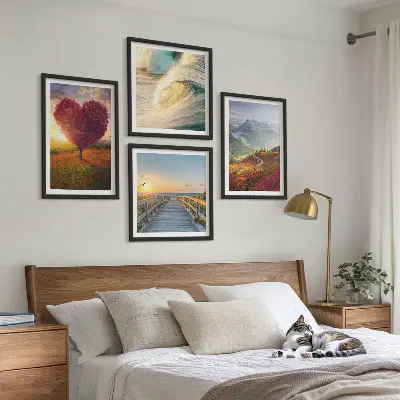 Multi-piece landscape wall decor set featuring mountains waves trees a heart and a pier