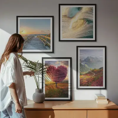 Multi-piece landscape wall decor set featuring mountains waves trees a heart and a pier