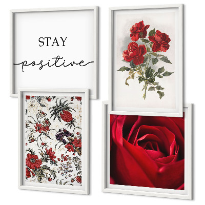 Set of 4 wall art pieces Red roses flowers inscription