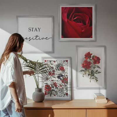 Set of 4 wall art pieces Red roses flowers inscription