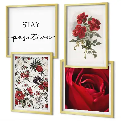Set of 4 rose floral wall art pieces with red flowers and inscription