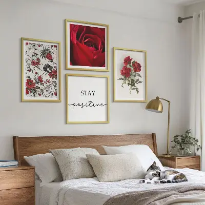 Set of 4 rose floral wall art pieces with red flowers and inscription