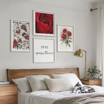 Set of 4 rose floral wall art pieces with red flowers and inscription