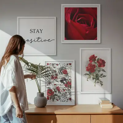 Set of 4 rose floral wall art pieces with red flowers and inscription
