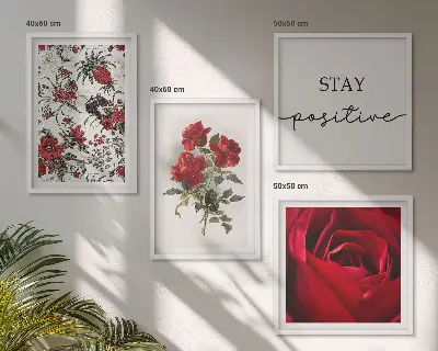 Set of 4 rose floral wall art pieces with red flowers and inscription