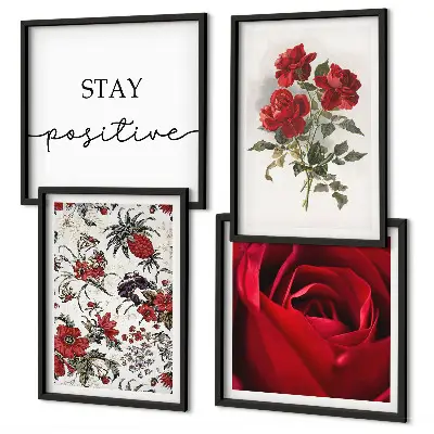 Set of 4 rose floral wall art pieces with red flowers and inscription