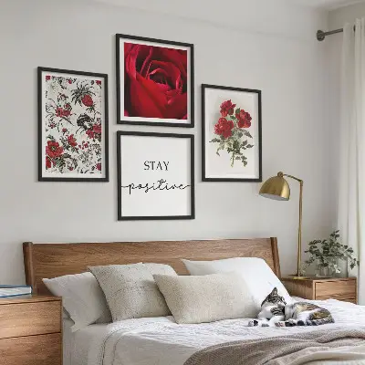 Set of 4 rose floral wall art pieces with red flowers and inscription
