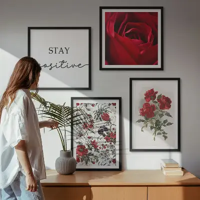 Set of 4 rose floral wall art pieces with red flowers and inscription