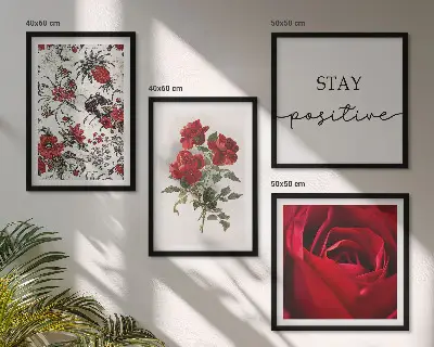 Set of 4 rose floral wall art pieces with red flowers and inscription