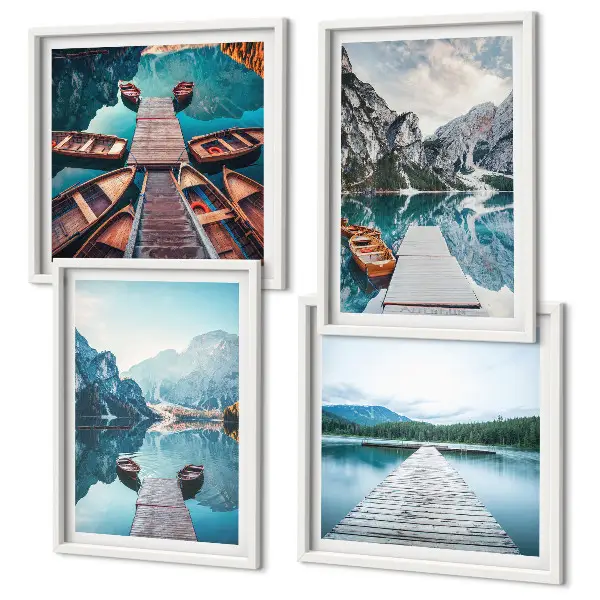 Multi-piece wall decor set featuring lake wooden piers and boats