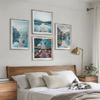 Multi-piece wall decor set featuring lake wooden piers and boats