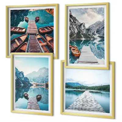 Multi-piece wall decor set featuring lake wooden piers and boats
