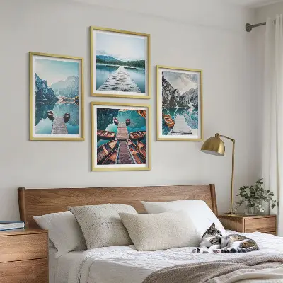 Multi-piece wall decor set featuring lake wooden piers and boats